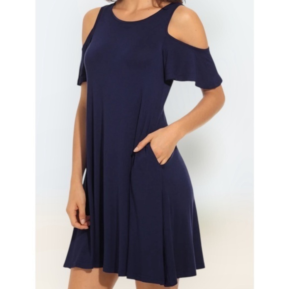 Longyuan Navy Blue Jersey Cold Shoulder Short Sleeve Pockets Casual Dress 2XL